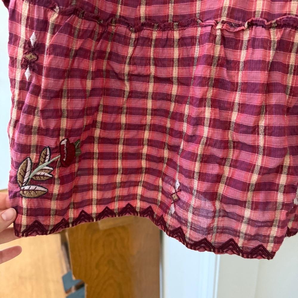 Johnny Was NWT Burgundy Maroon Anacapri Tiered Cotton Mini Dress RARE plaid - Picture 7 of 10